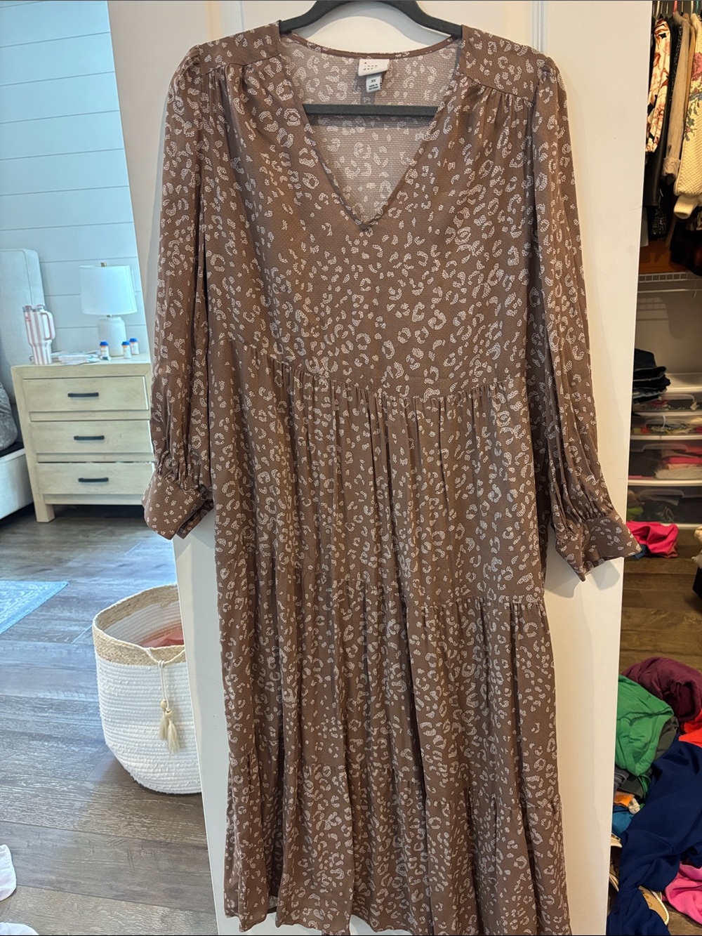 a new day Brown Leopard-Print Long Sleeve Tiered V-Neck Dress